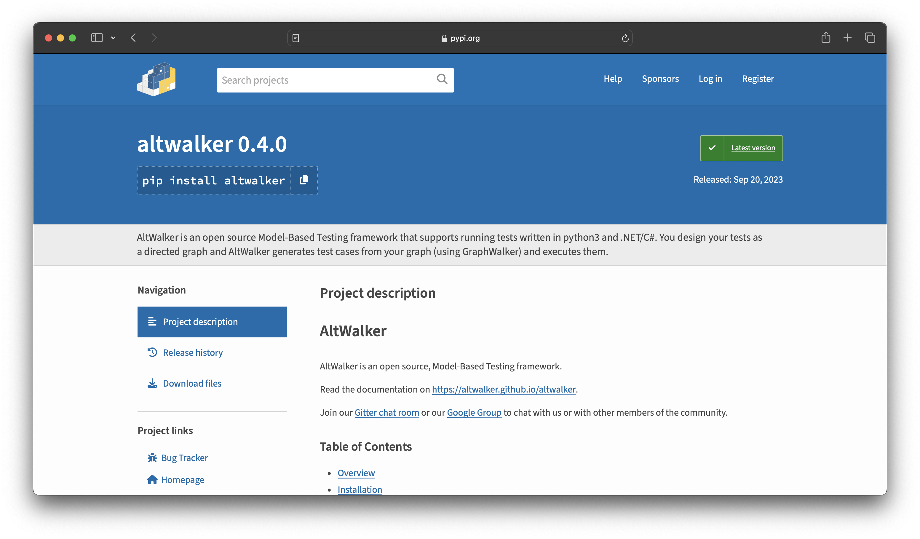 Screenshot of the AltWalker PyPi page.